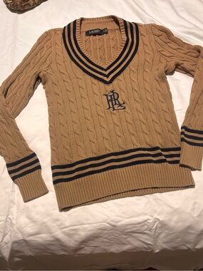 Lauren Ralph Lauren Cable Knit V-Neck Sweater in Camel with Navy Trim